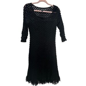 Elana Kattan Black Mesh Witchy Boho Crochet Dress 3/4 Sleeve Fringe Hem Size M